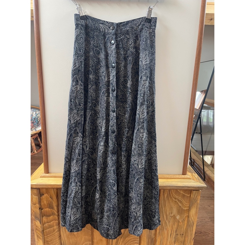 Studio C Maxi Skirt Women's Black Paisley Button Front Vintage Made in USA